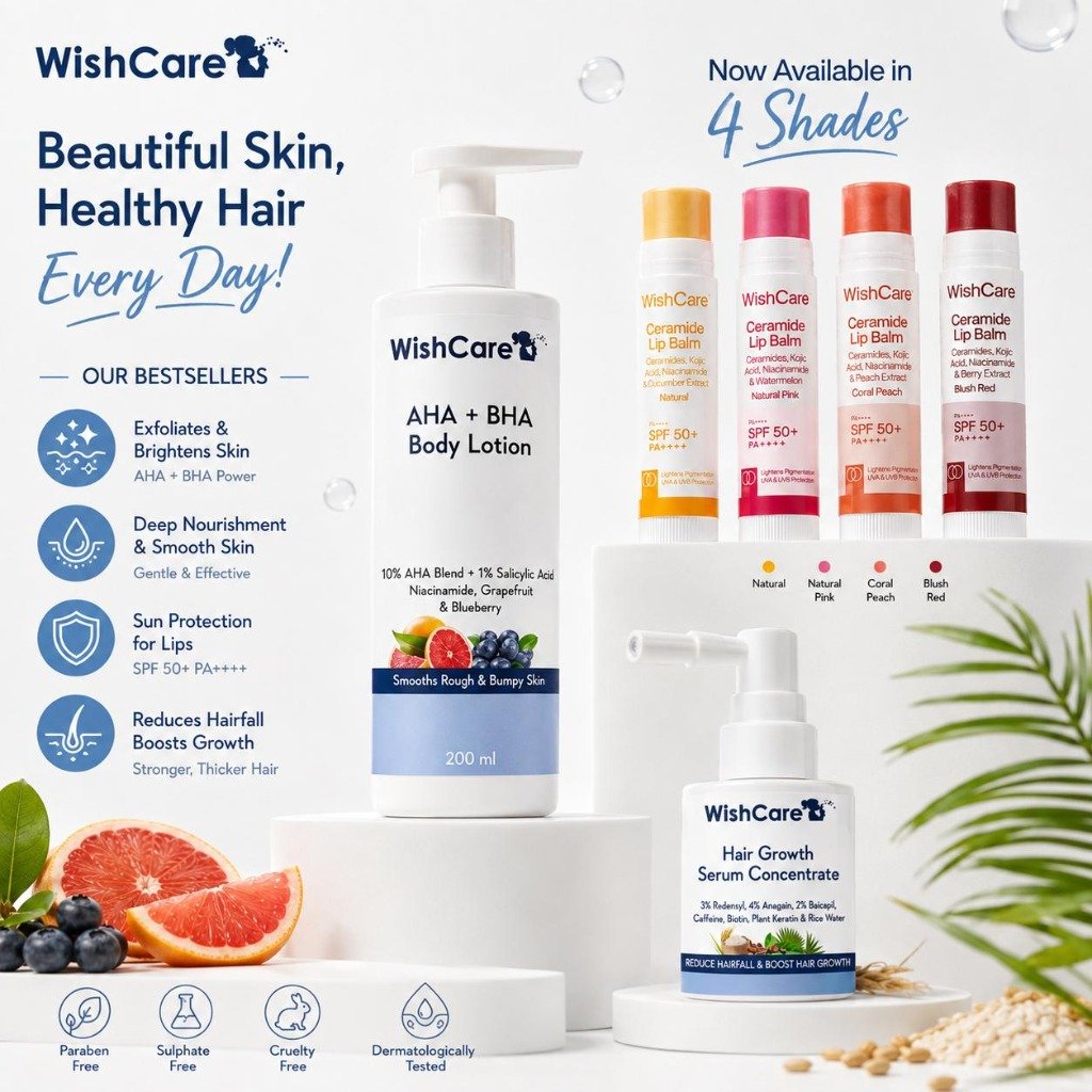 WishCare Beautiful Skin, Healthy Hair Every Day - AHA BHA Body Lotion & Lip Balms